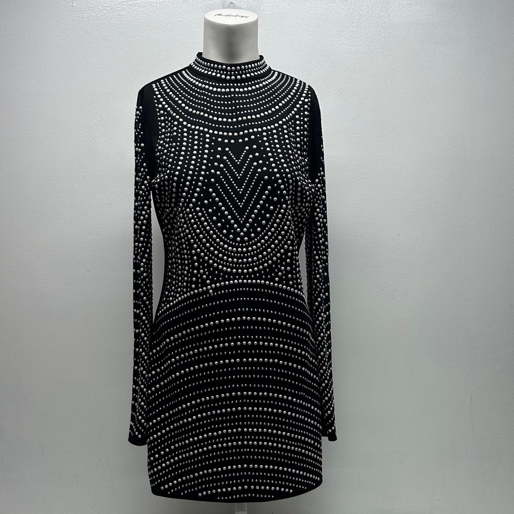 Banjul Bodycon Dress Mini Long Sleeve Bling Beaded Ornate Stretch Black Medium